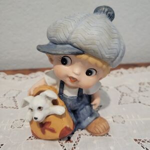 Vintage HOMCO - Little Boy with Dog In his Bag figurine #1439 ceramic Taiwan 80s